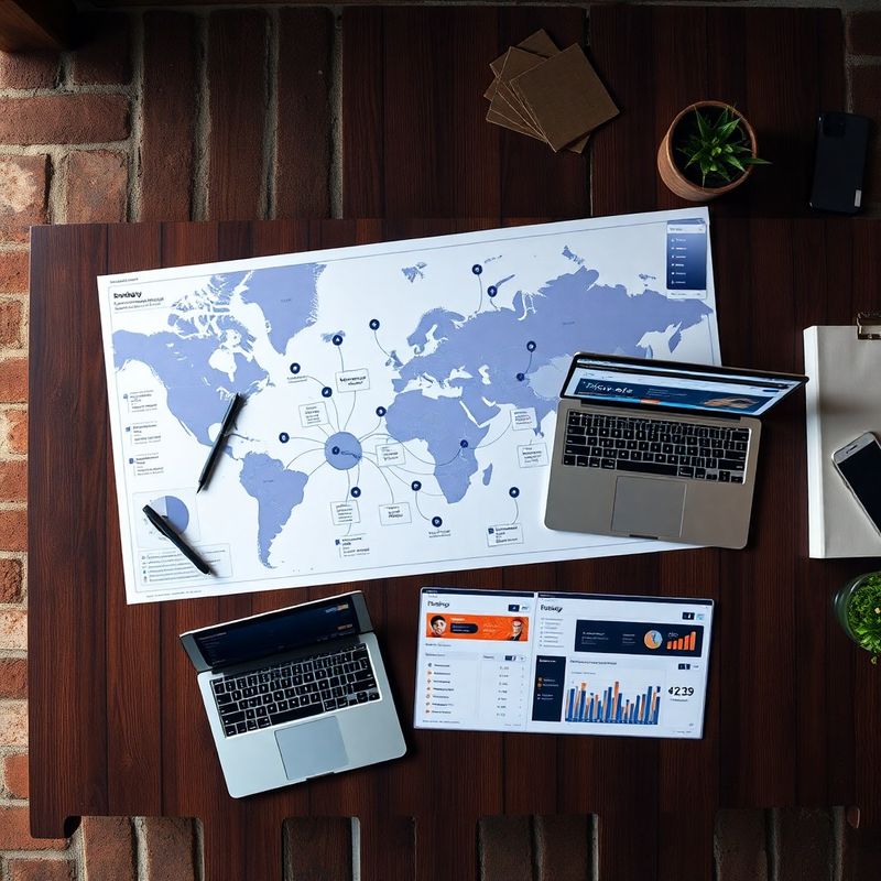 Mapa strategiczna z kolorowymi węzłami i laptop na drewnianym biurku